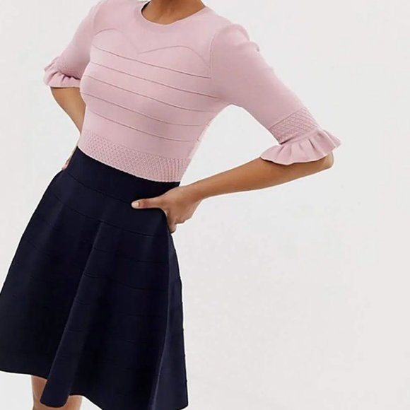 Ted Baker Dyana Frill Knitted Fit & Flare Dress Pink & Navy 2 - Picture 1 of 7
